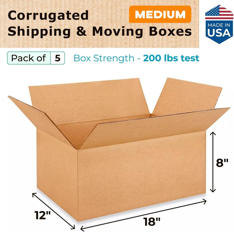 IDL Packaging Medium Moving & Shipping Boxes 18 x 12 x 8 inches (5-Pack) - Extra Strength 200 lb - Kraft Corrugated Cardboard - Image 2